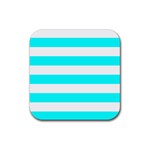 Horizontal Stripes - White and Aqua Cyan Rubber Coaster (Square)