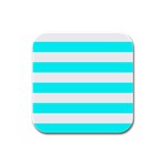 Horizontal Stripes - White and Aqua Cyan Rubber Square Coaster (4 pack)