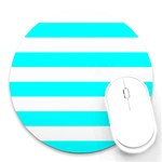 Horizontal Stripes - White and Aqua Cyan Round Mousepad