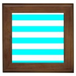 Horizontal Stripes - White and Aqua Cyan Framed Tile