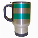 Horizontal Stripes - White and Aqua Cyan Travel Mug (Silver Gray)