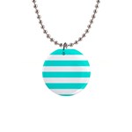 Horizontal Stripes - White and Bright Turquoise 1  Button Necklace
