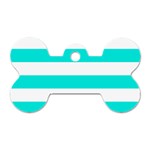 Horizontal Stripes - White and Bright Turquoise Dog Tag Bone (Two Sides)