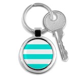 Horizontal Stripes - White and Bright Turquoise Key Chain (Round)