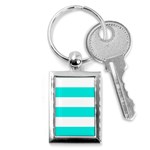 Horizontal Stripes - White and Bright Turquoise Key Chain (Rectangle)