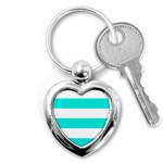 Horizontal Stripes - White and Bright Turquoise Key Chain (Heart)