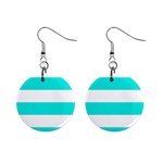 Horizontal Stripes - White and Bright Turquoise 1  Button Earrings