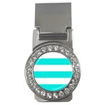 Horizontal Stripes - White and Bright Turquoise Money Clip (CZ)