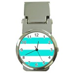 Horizontal Stripes - White and Bright Turquoise Money Clip Watch