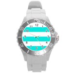 Horizontal Stripes - White and Bright Turquoise Round Plastic Sport Watch (L)
