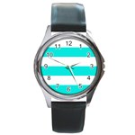 Horizontal Stripes - White and Bright Turquoise Round Metal Watch