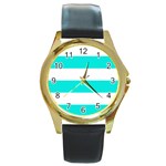 Horizontal Stripes - White and Bright Turquoise Round Gold Metal Watch