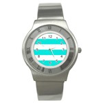 Horizontal Stripes - White and Bright Turquoise Stainless Steel Watch