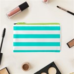 Horizontal Stripes - White and Bright Turquoise Canvas Cosmetic Bag (XS)