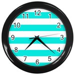 Horizontal Stripes - White and Bright Turquoise Wall Clock (Black)