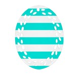 Horizontal Stripes - White and Bright Turquoise Oval Filigree Ornament (Two Sides)