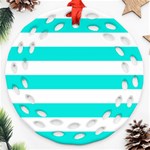 Horizontal Stripes - White and Bright Turquoise Round Filigree Ornament (Two Sides)