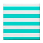 Horizontal Stripes - White and Bright Turquoise Tile Coaster
