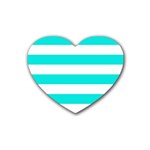Horizontal Stripes - White and Bright Turquoise Rubber Coaster (Heart)