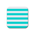 Horizontal Stripes - White and Bright Turquoise Rubber Coaster (Square)