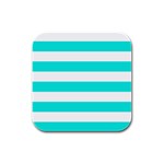 Horizontal Stripes - White and Bright Turquoise Rubber Square Coaster (4 pack)