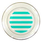 Horizontal Stripes - White and Bright Turquoise Porcelain Plate