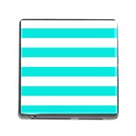Horizontal Stripes - White and Bright Turquoise Memory Card Reader (Square)