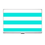 Horizontal Stripes - White and Bright Turquoise Business Card Holder