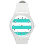 Horizontal Stripes - White and Turquoise Round Plastic Sport Watch (M)