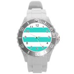 Horizontal Stripes - White and Turquoise Round Plastic Sport Watch (L)