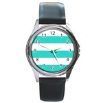 Horizontal Stripes - White and Turquoise Round Metal Watch