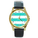 Horizontal Stripes - White and Turquoise Round Gold Metal Watch