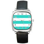 Horizontal Stripes - White and Turquoise Square Metal Watch