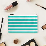 Horizontal Stripes - White and Turquoise Cosmetic Bag (S)