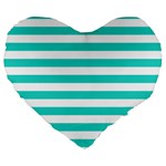 Horizontal Stripes - White and Turquoise Large 19  Premium Flano Heart Shape Cushion