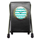 Horizontal Stripes - White and Turquoise Pen Holder Desk Clock