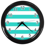 Horizontal Stripes - White and Turquoise Wall Clock (Black)