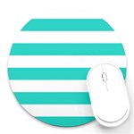 Horizontal Stripes - White and Turquoise Round Mousepad