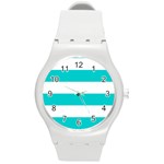 Horizontal Stripes - White and Cyan Round Plastic Sport Watch (M)
