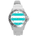Horizontal Stripes - White and Cyan Round Plastic Sport Watch (L)