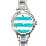 Horizontal Stripes - White and Cyan Round Italian Charm Watch