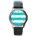 Horizontal Stripes - White and Cyan Round Metal Watch