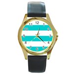 Horizontal Stripes - White and Cyan Round Gold Metal Watch