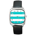 Horizontal Stripes - White and Cyan Square Metal Watch