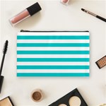 Horizontal Stripes - White and Cyan Cosmetic Bag (M)