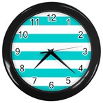 Horizontal Stripes - White and Cyan Wall Clock (Black)