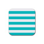 Horizontal Stripes - White and Cyan Rubber Coaster (Square)