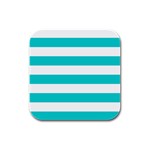 Horizontal Stripes - White and Cyan Rubber Square Coaster (4 pack)