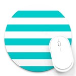 Horizontal Stripes - White and Cyan Round Mousepad