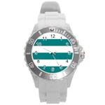 Horizontal Stripes - White and Teal Round Plastic Sport Watch (L)